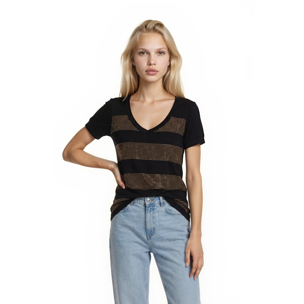 NWT Stella & Jamie Studded Top Women's Size Small Black Bronze Striped V-Neck‎